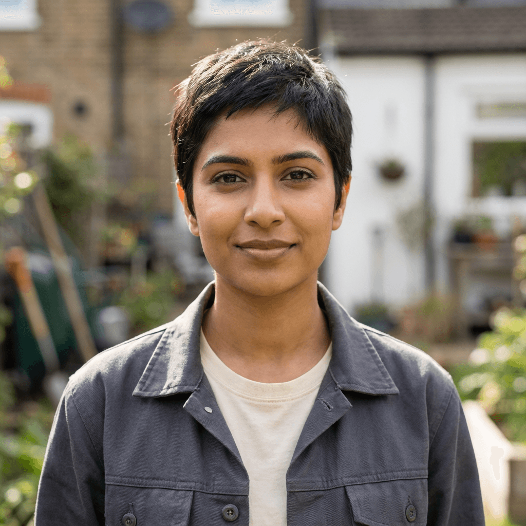 Priya Nair in her late 30s, South Asian, homeowner, on the porch of a Toronto character home