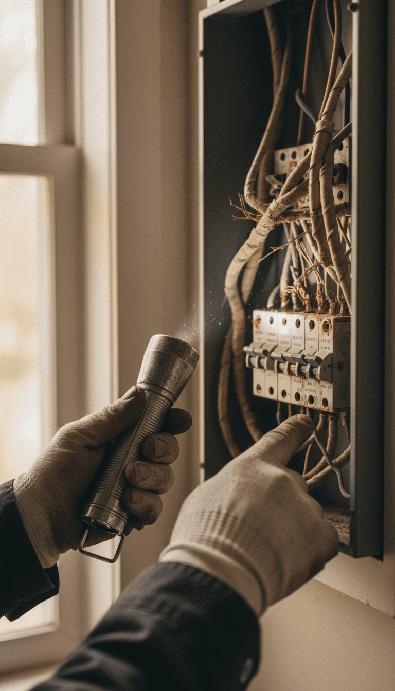 Inspector examining an electrical panel with a flashlight during a home inspection