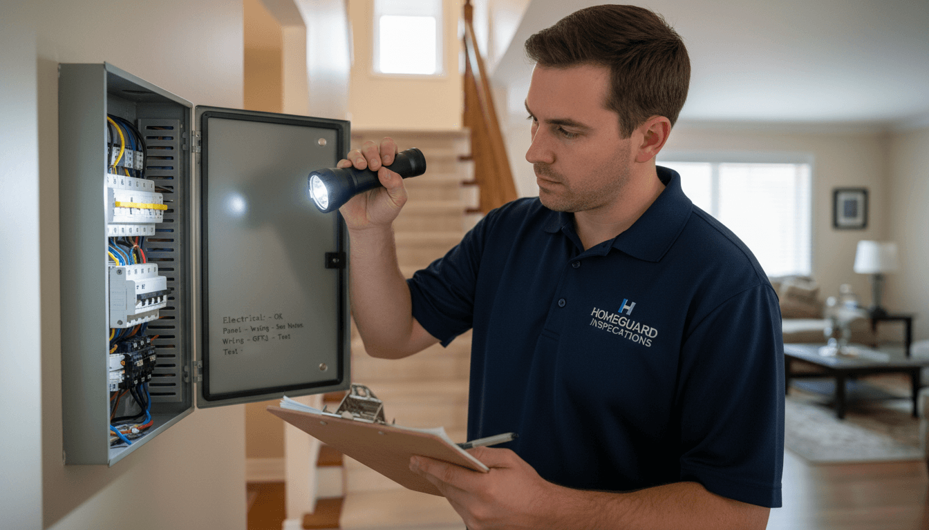 Home inspector examining an electrical panel during a Toronto inspection