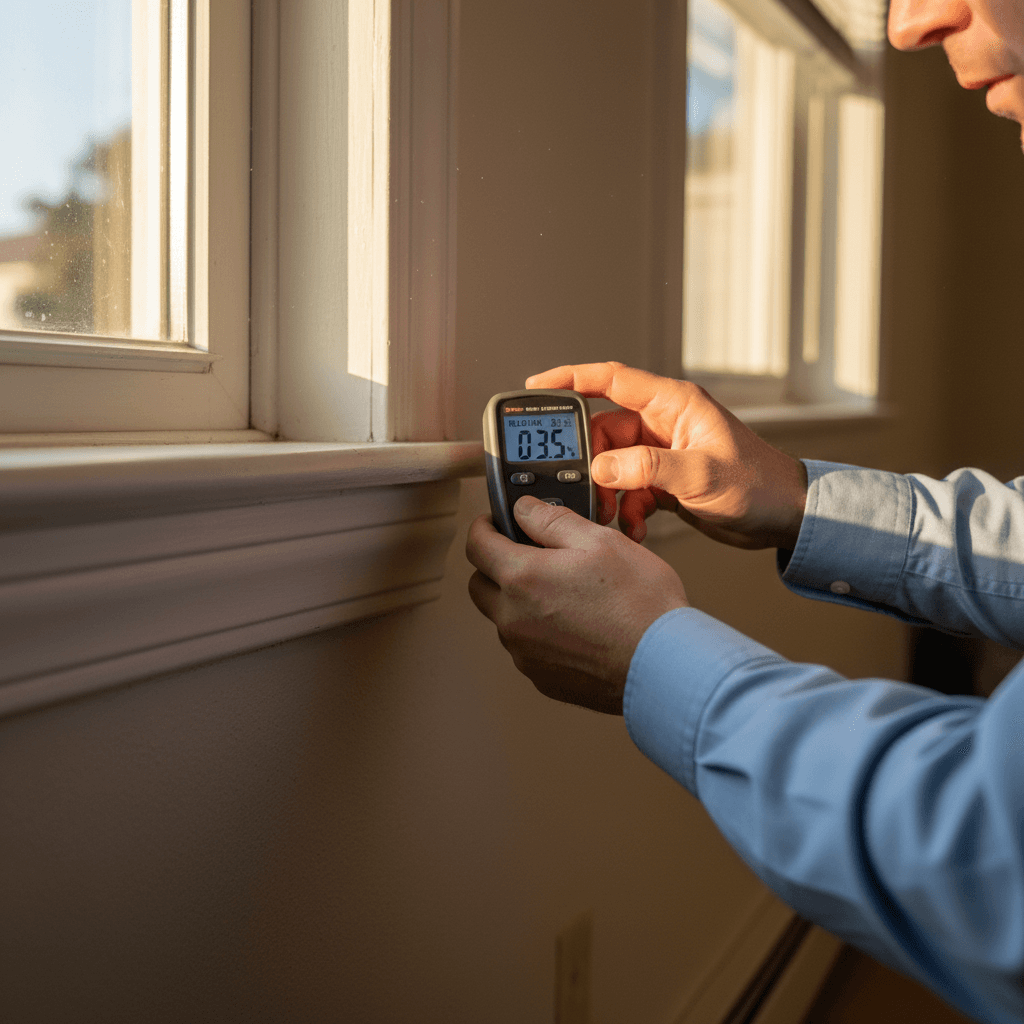 Inspector checking a window frame with a moisture meter during a home inspection in Toronto