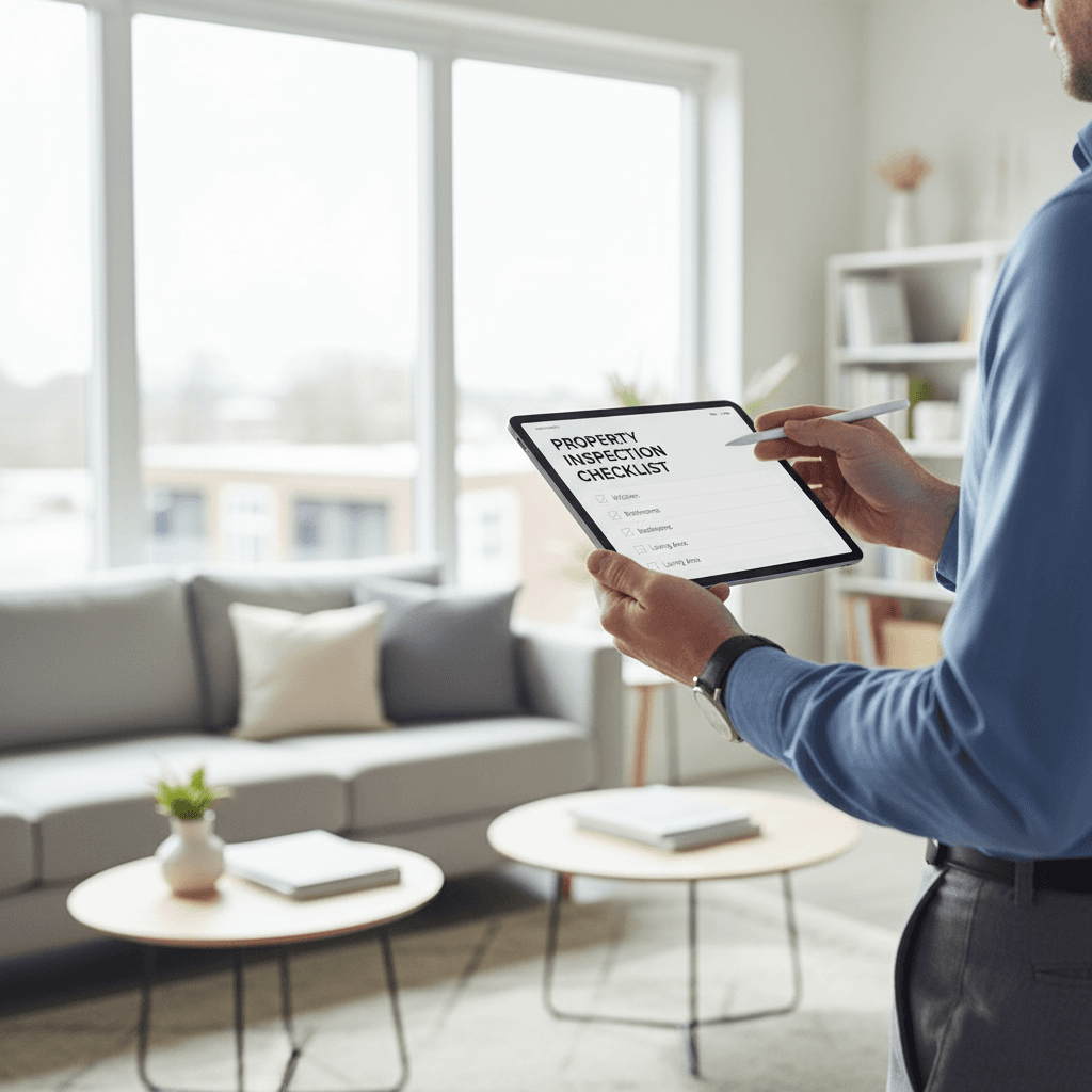 Home inspector's hands holding a digital tablet with a property checklist in a Toronto home